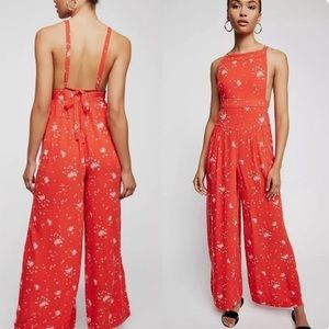 Free People Sweet in the Streets Jumpsuit Orange Boho Hippie Retro size XS